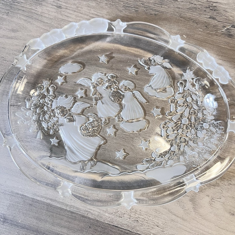 Vintage Frosted Glass Christmas Plate Angels Decorating Tree 9.25" x 7" Oval EUC